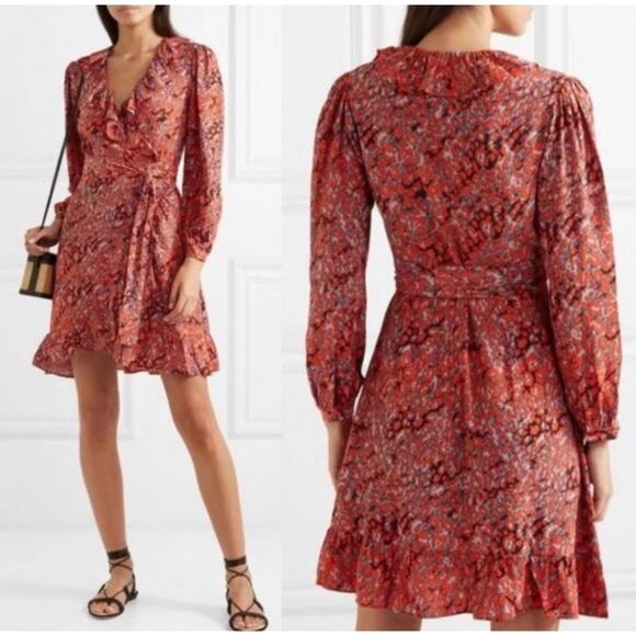 Maje Red Floral Printed Wrap Dress Mini Feminine Cotton Size 3 Large Boho - Picture 1 of 7